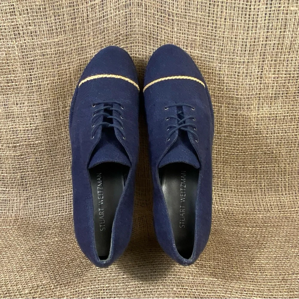 Stuart Weitzman Navy Blue Canvas Platform Espadrille Lace Up Oxford Shoes Size 9